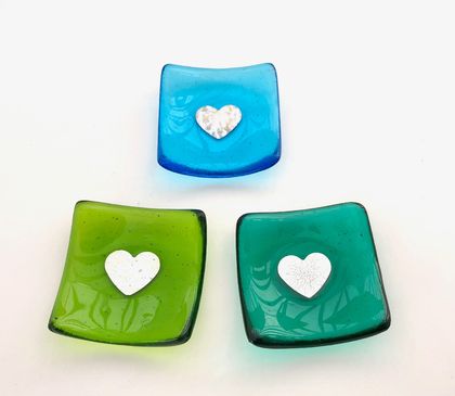 Fused Glass Dinky Dishes with Pure Silver Heart - Greens & Turquoise